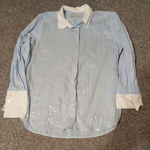 LOFT Light Blue Sequin Button-Down Shirt with White Collar & Cuffs